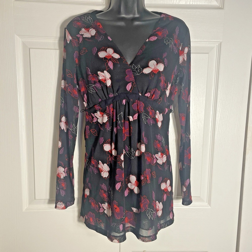 Vintage New York CO Floral Babydoll Shirt Women M Black Y2K Long Sleeve Mesh Top